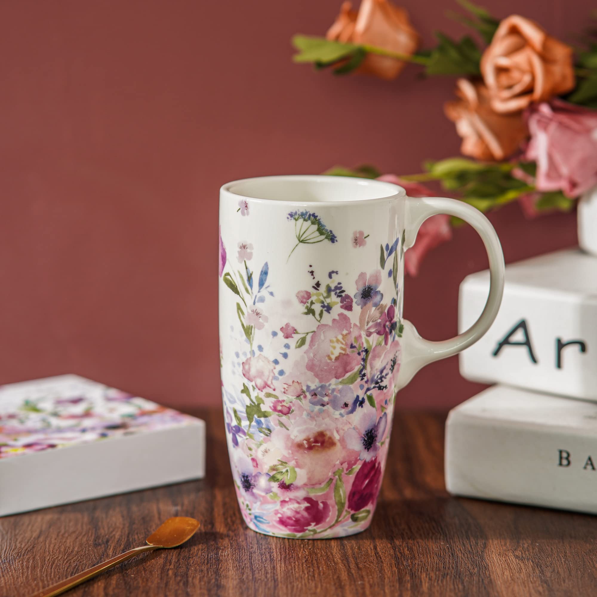 Topadorn Ceramic Coffee Mug Travel Cup Gift with Lid 17oz, Porcelain Tall Tea Cup with Handle for Home & Office, White & Pink Flower Art Pattern Mug in Gift Box, 6.5''H