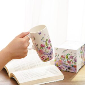 Topadorn Ceramic Coffee Mug Travel Cup Gift with Lid 17oz, Porcelain Tall Tea Cup with Handle for Home & Office, White & Pink Flower Art Pattern Mug in Gift Box, 6.5''H