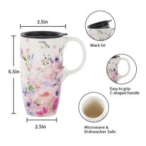 Topadorn Ceramic Coffee Mug Travel Cup Gift with Lid 17oz, Porcelain Tall Tea Cup with Handle for Home & Office, White & Pink Flower Art Pattern Mug in Gift Box, 6.5''H