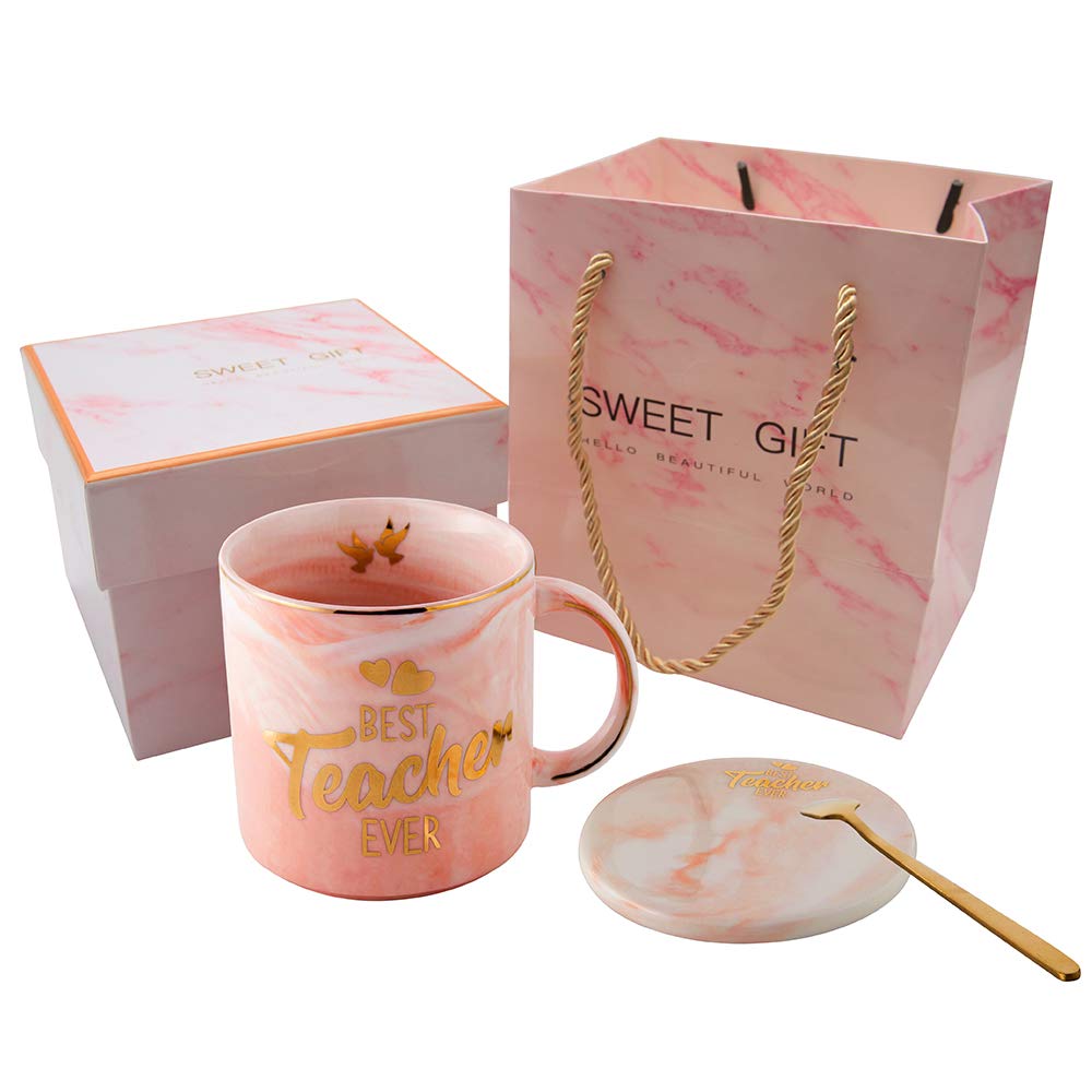 Best Teacher Ever Pink Marble Ceramic Coffee Mug (11.5oz) and Coasters Set - Teacher Gifts - Teacher Appreciation Gifts - Gifts for Teacher - Birthday Gifts Ideas for Teacher