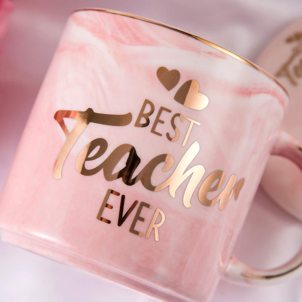 Best Teacher Ever Pink Marble Ceramic Coffee Mug (11.5oz) and Coasters Set - Teacher Gifts - Teacher Appreciation Gifts - Gifts for Teacher - Birthday Gifts Ideas for Teacher