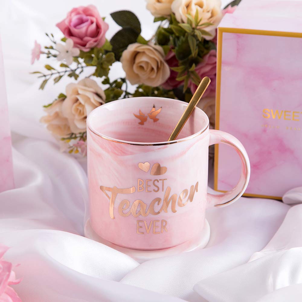 Best Teacher Ever Pink Marble Ceramic Coffee Mug (11.5oz) and Coasters Set - Teacher Gifts - Teacher Appreciation Gifts - Gifts for Teacher - Birthday Gifts Ideas for Teacher