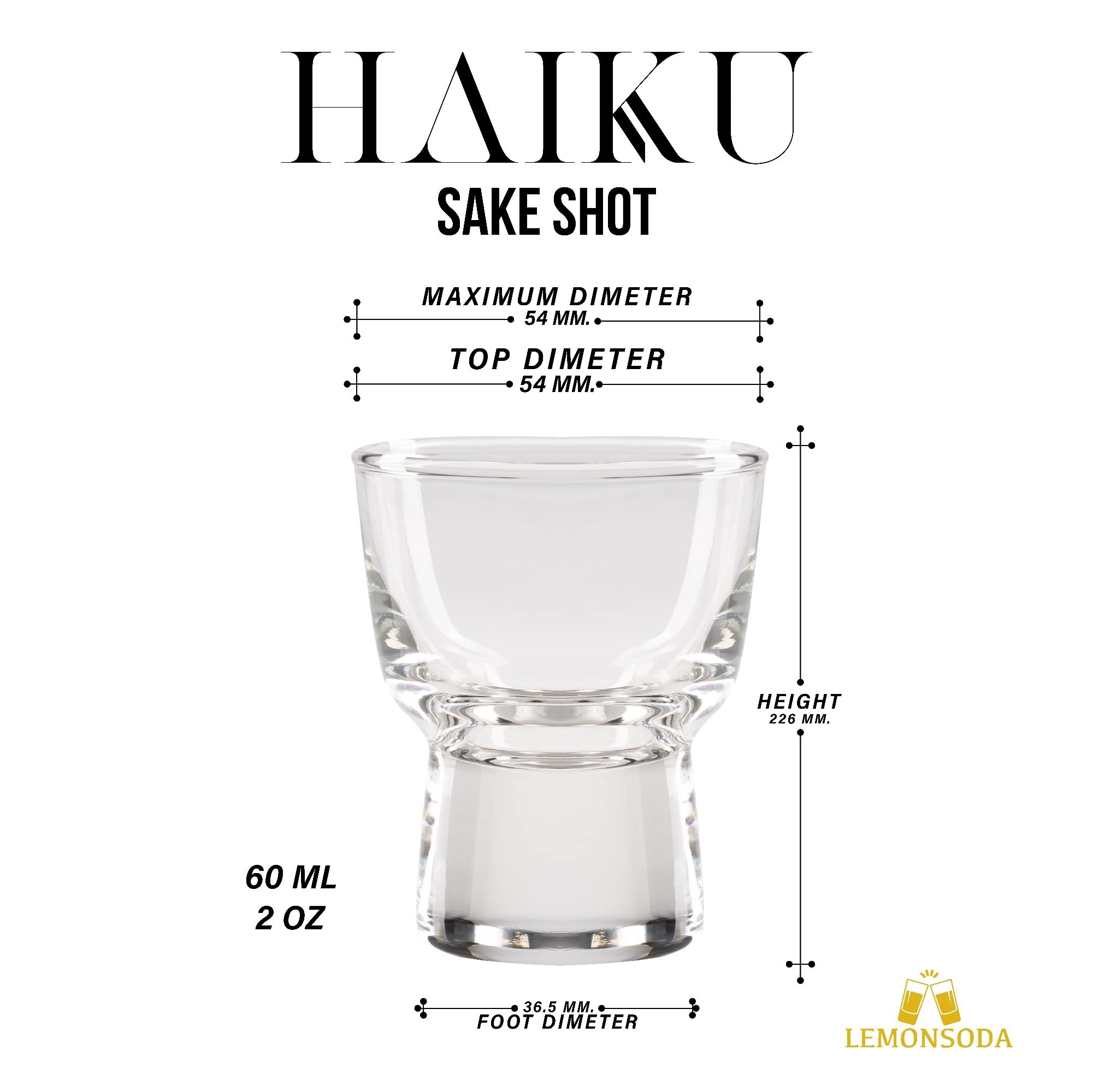 LEMONSODA Clear Shot Glass Set- Haiku Sake Shot Glasses - Sake, Tequila, Whiskey, Vodka, Gin - Great for Tastings, Gifts, Parties, Unique Show Piece, Set of 6 (60 mL / 2 fl. oz.) (Set of 6)