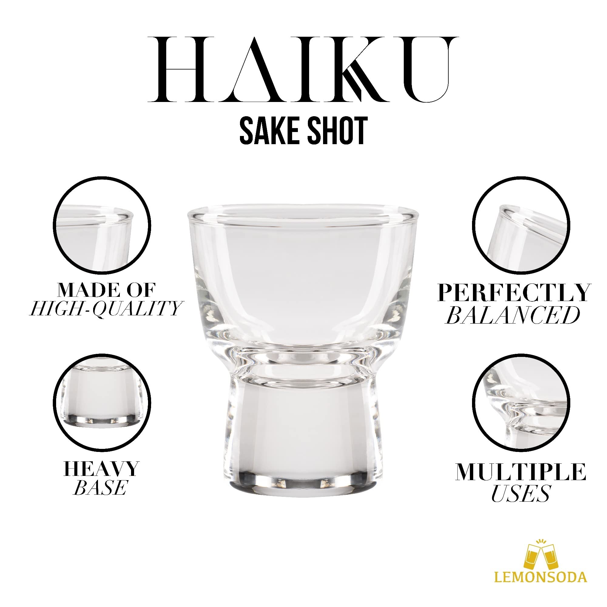 LEMONSODA Clear Shot Glass Set- Haiku Sake Shot Glasses - Sake, Tequila, Whiskey, Vodka, Gin - Great for Tastings, Gifts, Parties, Unique Show Piece, Set of 6 (60 mL / 2 fl. oz.) (Set of 6)