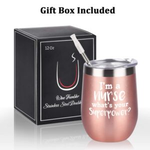 Lifecapido Nurse Gifts for Women, Wine Tumbler with Lid and Straw, I'm A Nurse Stainless Steel Wine Tumbler, Christmas Appreciation Nursing, Gifts for Nurse, New Nurse(12 Oz, Rose Gold)