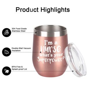 Lifecapido Nurse Gifts for Women, Wine Tumbler with Lid and Straw, I'm A Nurse Stainless Steel Wine Tumbler, Christmas Appreciation Nursing, Gifts for Nurse, New Nurse(12 Oz, Rose Gold)