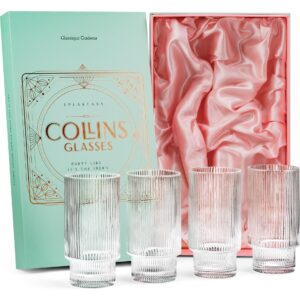 vintage art deco collins ribbed cocktail glasses | set of 4 | 14 oz crystal highball glassware for drinking mojito, tom collins, classic hi ball bar drinks | skinny tall barware tumblers