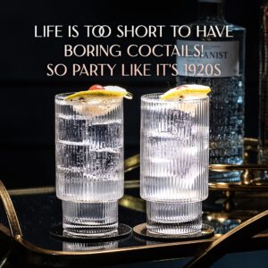 Vintage Art Deco Collins Ribbed Cocktail Glasses | Set of 4 | 14 oz Crystal Highball Glassware for Drinking Mojito, Tom Collins, Classic Hi Ball Bar Drinks | Skinny Tall Barware Tumblers