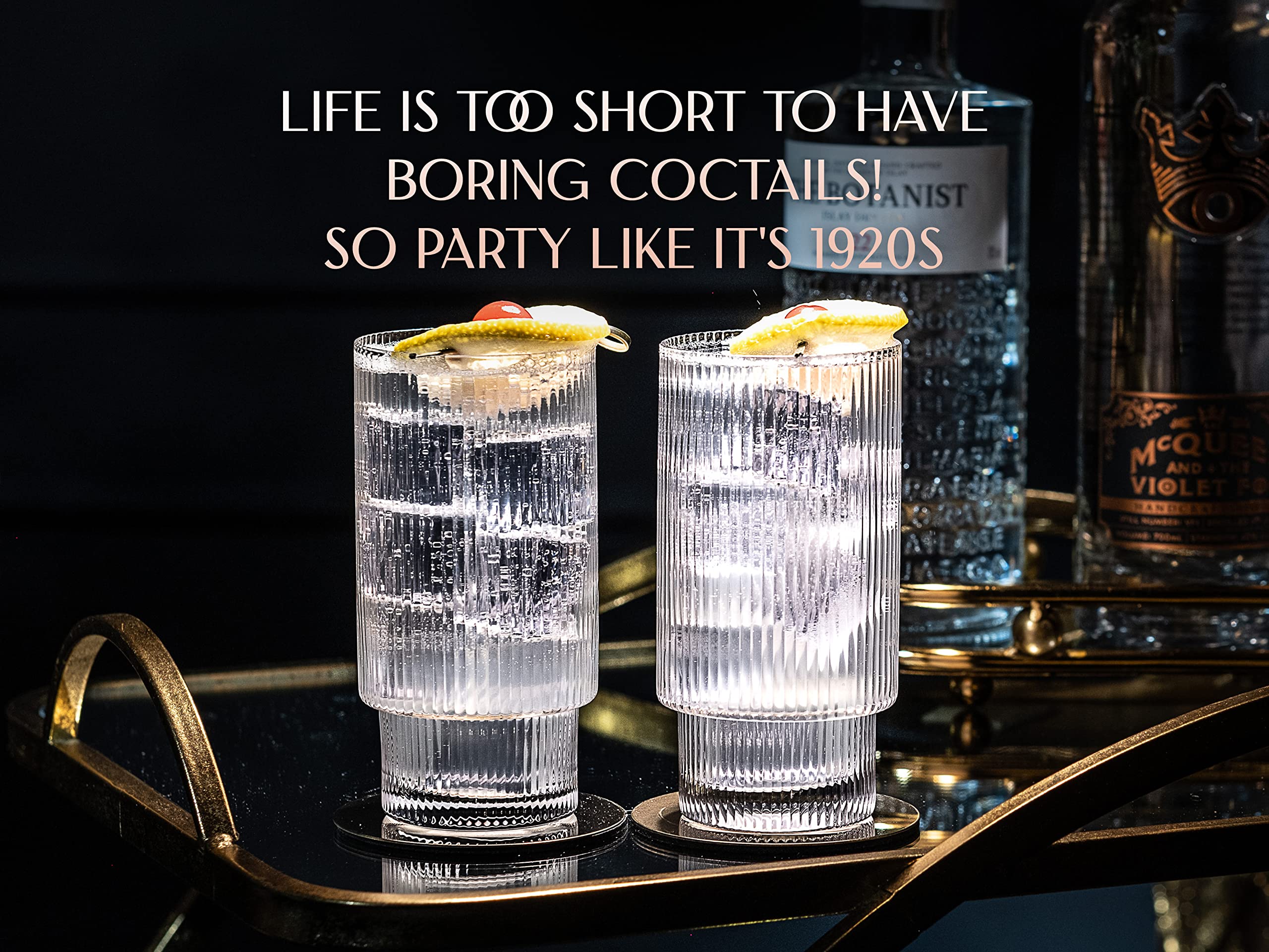 Vintage Art Deco Collins Ribbed Cocktail Glasses | Set of 4 | 14 oz Crystal Highball Glassware for Drinking Mojito, Tom Collins, Classic Hi Ball Bar Drinks | Skinny Tall Barware Tumblers