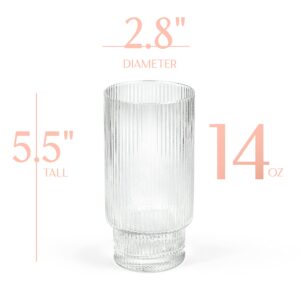 Vintage Art Deco Collins Ribbed Cocktail Glasses | Set of 4 | 14 oz Crystal Highball Glassware for Drinking Mojito, Tom Collins, Classic Hi Ball Bar Drinks | Skinny Tall Barware Tumblers