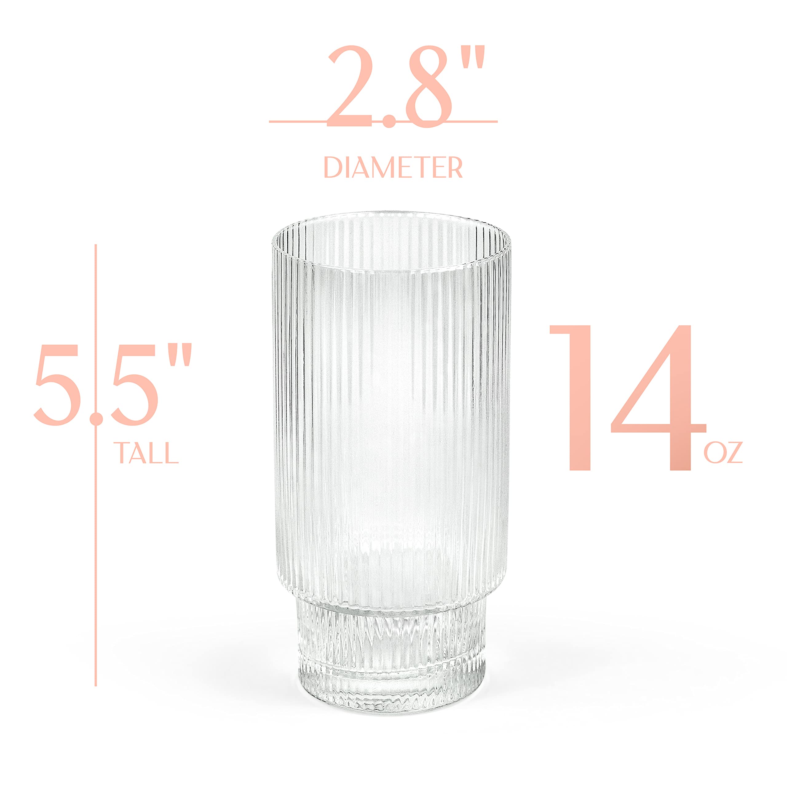 Vintage Art Deco Collins Ribbed Cocktail Glasses | Set of 4 | 14 oz Crystal Highball Glassware for Drinking Mojito, Tom Collins, Classic Hi Ball Bar Drinks | Skinny Tall Barware Tumblers