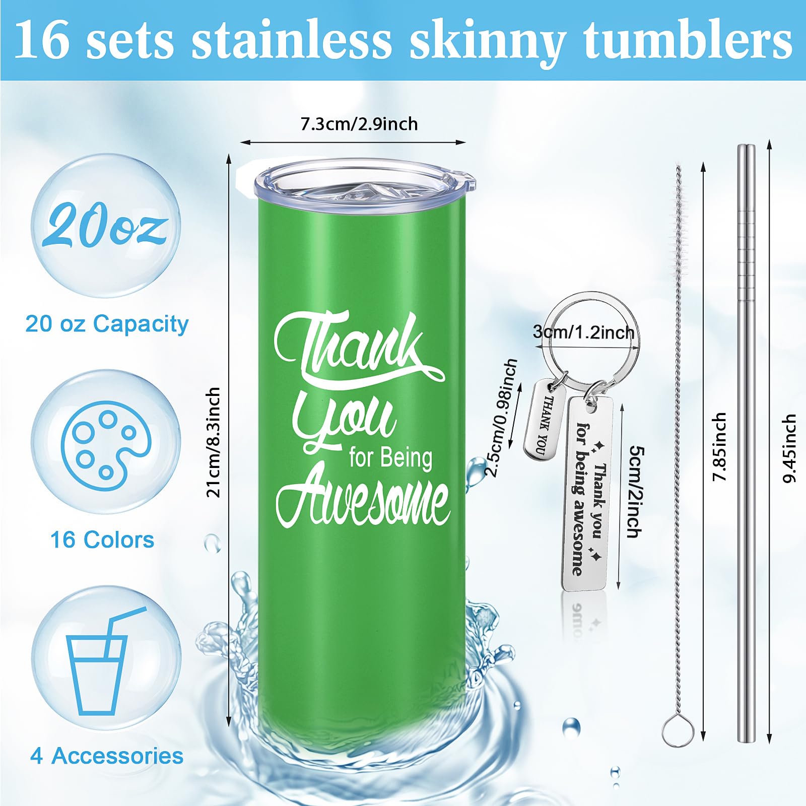 Geosar Thank You Gift for Women Men 20 oz Inspirational Tumblers with Keychains, Appreciation Tumblers, Team Motivational Encouragement Employees Gift for Coworker Friend(Multicolor, 16 Pcs)