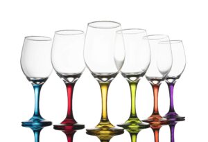 trinkware colored stem wine glasses set of 6 - multi yellow, orange, purple, blue, red, green - fun party wine goblets -11oz