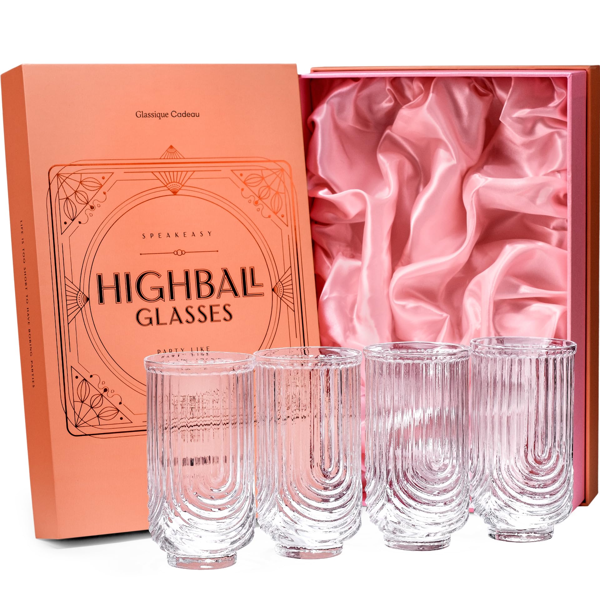 Vintage Art Deco Highball Gatsby Cocktail Glasses | Set of 4 | 14 oz Double HiBall Glassware for Drinking Mojito, Gin Rickey, Whiskey Highball, Classic Long Bar Drinks | Large Tall Tumblers