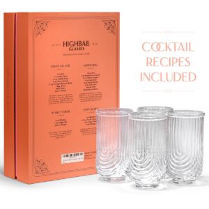 Vintage Art Deco Highball Gatsby Cocktail Glasses | Set of 4 | 14 oz Double HiBall Glassware for Drinking Mojito, Gin Rickey, Whiskey Highball, Classic Long Bar Drinks | Large Tall Tumblers