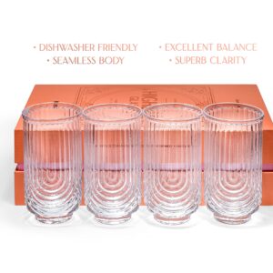 Vintage Art Deco Highball Gatsby Cocktail Glasses | Set of 4 | 14 oz Double HiBall Glassware for Drinking Mojito, Gin Rickey, Whiskey Highball, Classic Long Bar Drinks | Large Tall Tumblers