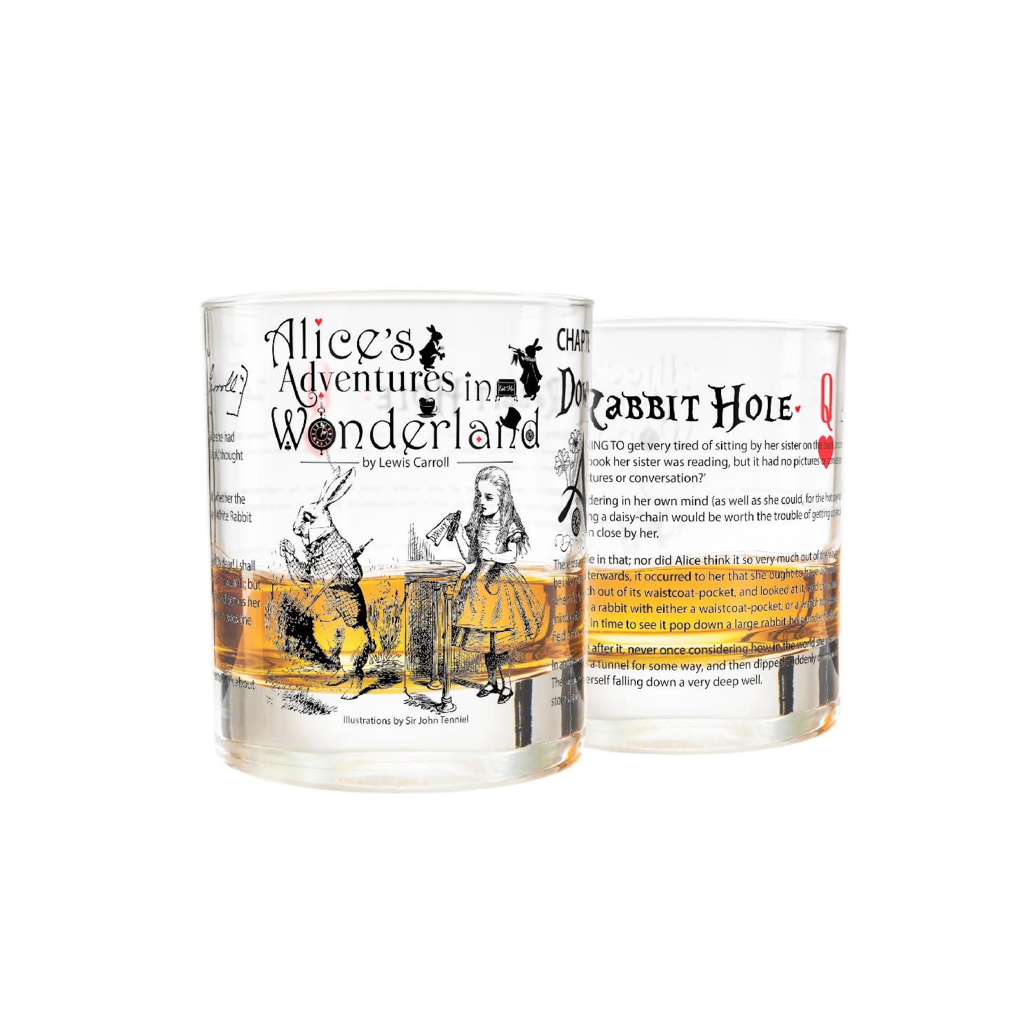 Greenline Goods Whiskey Glasses - Alice in Wonderland (Set of 2) | Literature Rocks Glass with Lewis Carroll Book Images & Writing