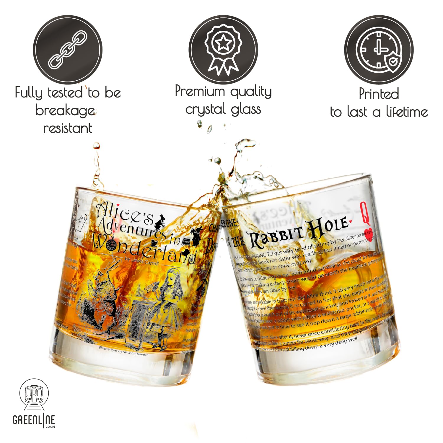 Greenline Goods Whiskey Glasses - Alice in Wonderland (Set of 2) | Literature Rocks Glass with Lewis Carroll Book Images & Writing