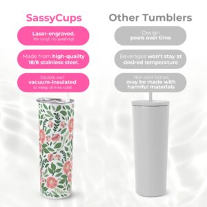 Floral Print Vacuum Insulated Stainless Steel Skinny Tumbler with Straw - Coffee Mug with Lid - Tea Cup for Travel- Nature Themed, Plant Lovers - Travel Mug, Birthday Gift - Floral Mugs for Women