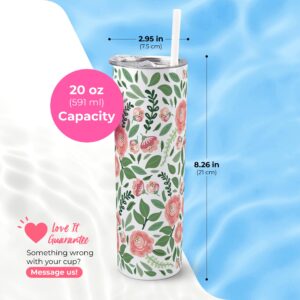 Floral Print Vacuum Insulated Stainless Steel Skinny Tumbler with Straw - Coffee Mug with Lid - Tea Cup for Travel- Nature Themed, Plant Lovers - Travel Mug, Birthday Gift - Floral Mugs for Women