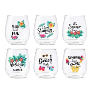 tossware pop 14oz vino summer sips 1 series, set of 6, premium quality, recyclable, unbreakable & crystal clear plastic wine glasses