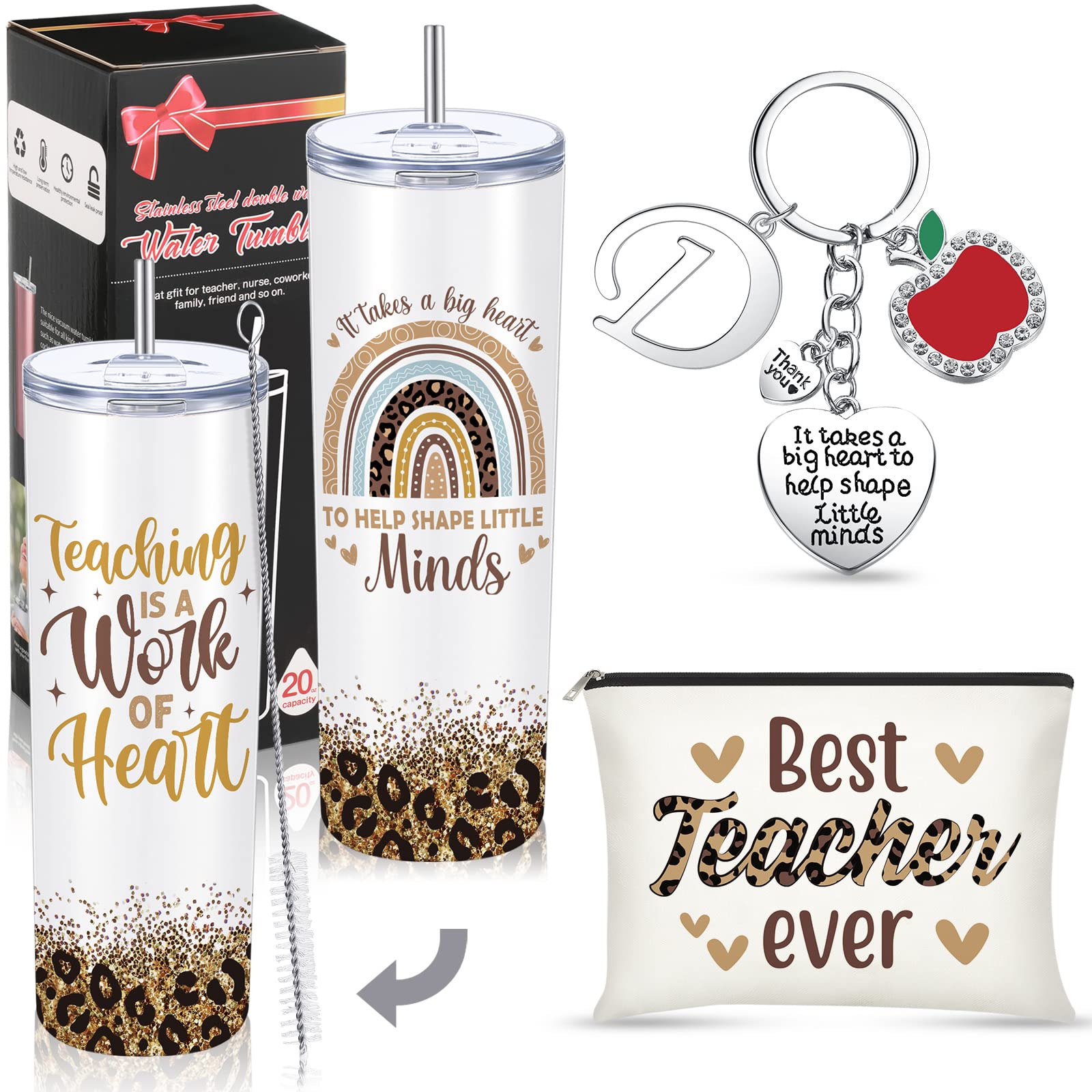 Gerrii 3 Pcs Teacher Appreciation Gifts in Bulk for Women Stocking Stuffers Gifts Tumbler Keychain Makeup Bag Set(A)