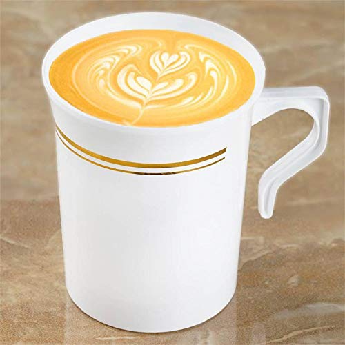 BloominGoods 50 Heavyweight Disposable White Plastic 8 oz. Coffee Mugs with Gold Trim | Tea, Cappuccino, Espresso Cups with Handles (50-Pack)