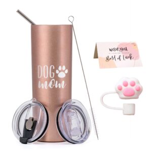 jnsmfc dog mom cups for women,dog mom gifts tumbler for mother’s day birthday,dog mom themed gifts travel mug for dog lovers,20 oz insulated stainless steel travel cups with lid and straw,rose gold