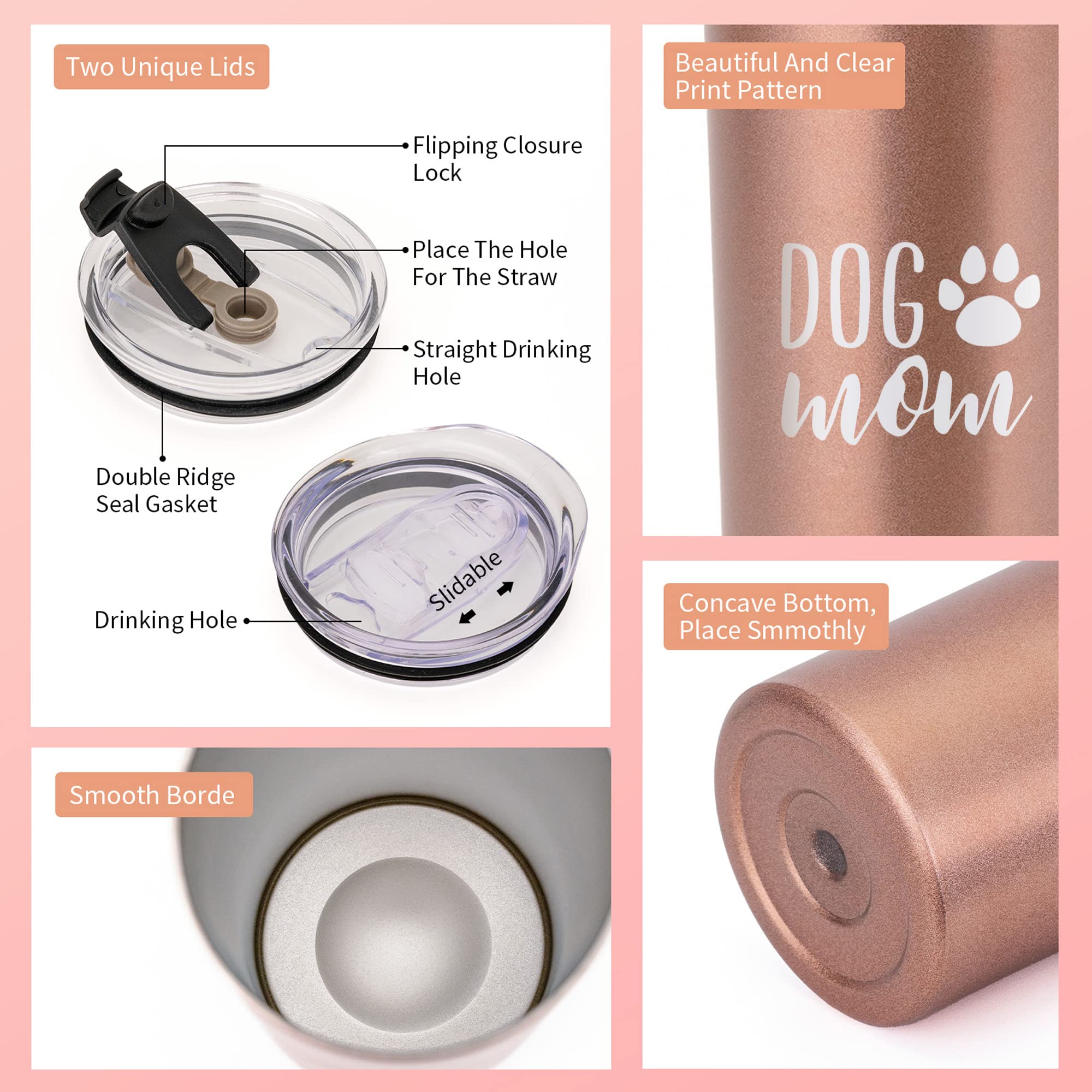 JNSMFC Dog Mom Cups for Women,Dog Mom Gifts Tumbler for Mother’s Day Birthday,Dog Mom Themed Gifts Travel Mug for Dog Lovers,20 Oz Insulated Stainless Steel Travel Cups with Lid and Straw,Rose gold