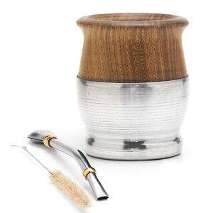 balibetov [new yerba mate wood gourd set - traditional palo santo and aluminum (mate cup) with bombilla (yerba mate straw) (wood with aluminum base)