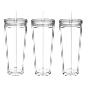 suertestarry insulated tumblers double wall clear plastic tumblers 3 pack 24oz tumblers with lids and straws,reusable cups with straw,perfect for parties, birthdays,gifts (transparent 3 packs)
