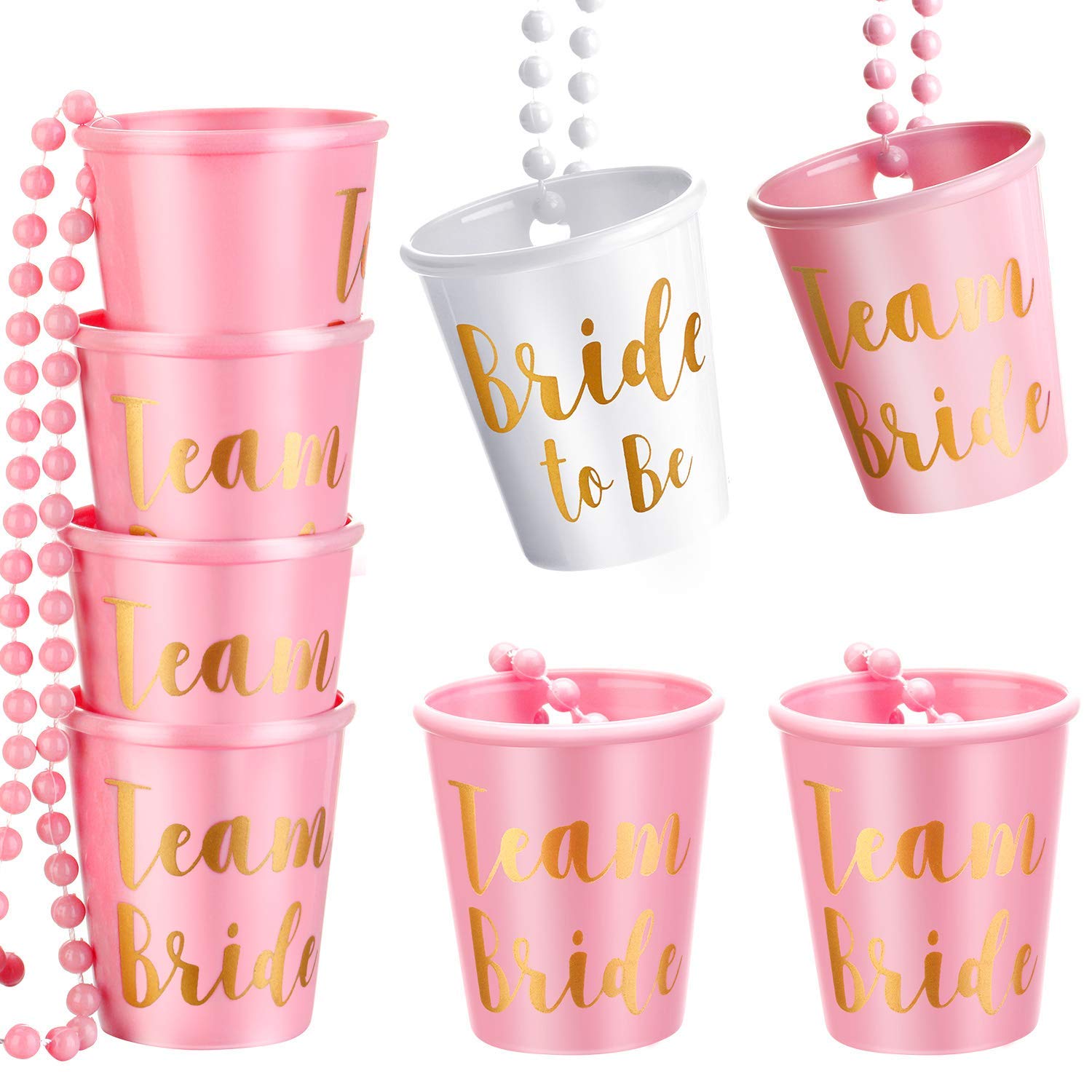 Boao 8 Pieces Bride Shot Necklace Glass, Bachelorette Shot Glass Necklace with Gold Foil for Wedding Bachelor Party and Bridal Shower Decorations(Pink)