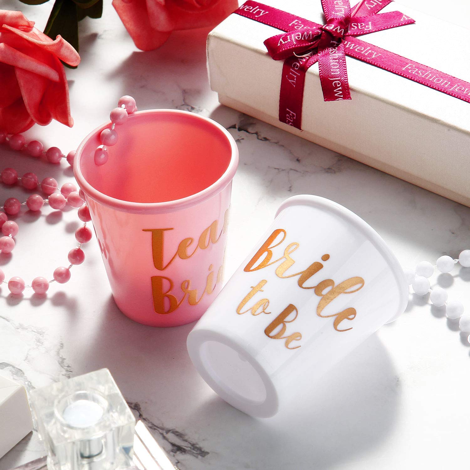 Boao 8 Pieces Bride Shot Necklace Glass, Bachelorette Shot Glass Necklace with Gold Foil for Wedding Bachelor Party and Bridal Shower Decorations(Pink)