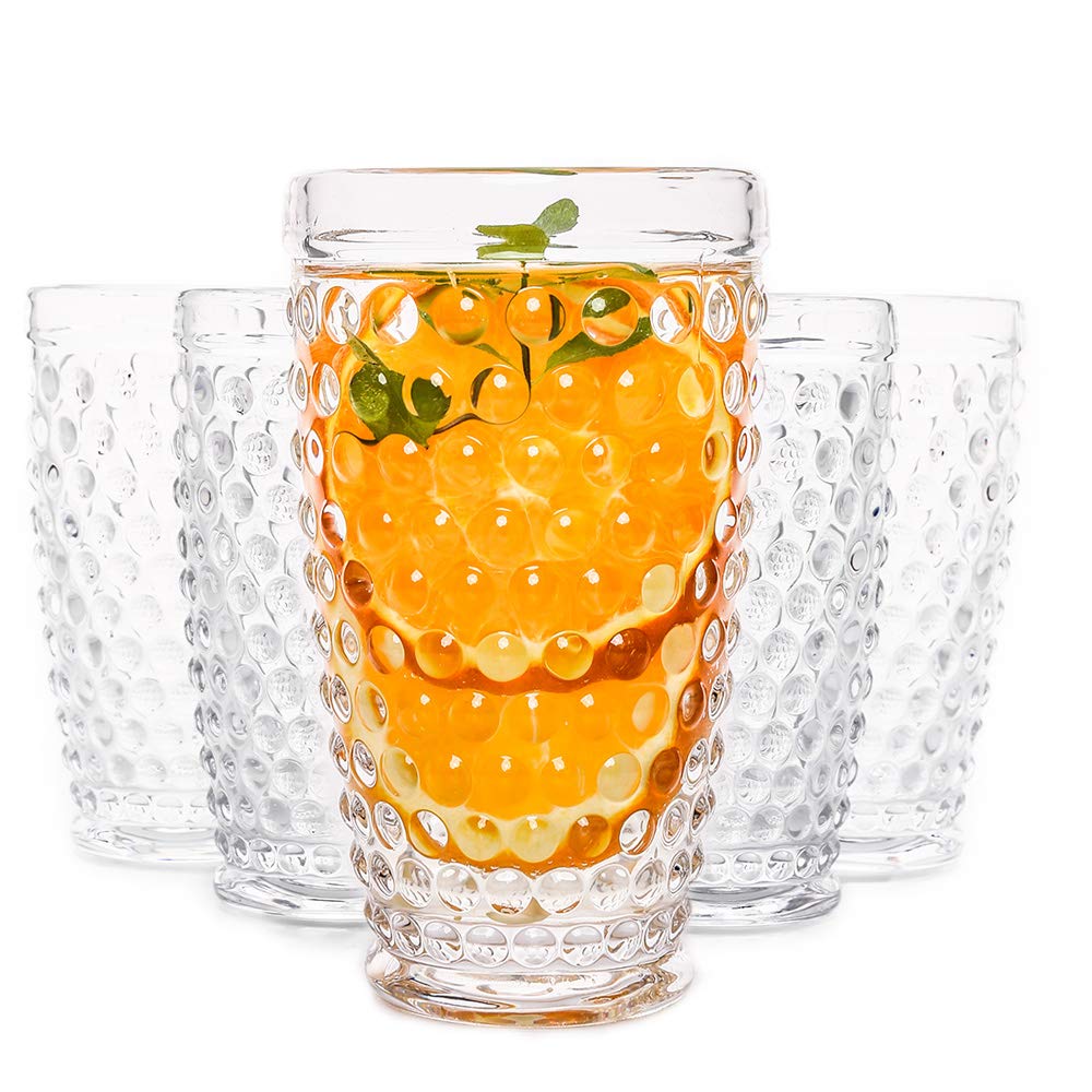 G Hobnail Glassware Old Fashioned Iced Beverage Drinking Glasses Set Of 6, 13 oz Premium Tall Highball Water Glasses Cups For Juice Cocktail Mojito Wine,Beer,Tea, Mixed Drinkware,Parties Restaurants