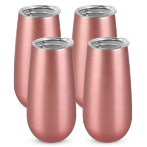 4 pack stemless double insulated champagne flute tumbler with lid, 6 oz unbreakable reusable cocktail champagne toasting glasses, great gift for friends family christmas birthday, rose gold