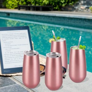 4 Pack Stemless Double Insulated Champagne Flute Tumbler with Lid, 6 Oz Unbreakable Reusable Cocktail Champagne Toasting Glasses, Great Gift for Friends Family Christmas Birthday, Rose Gold