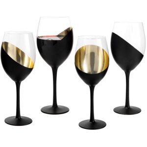 mygift 14 oz modern matte black & gold stemmed titled design elegant wine glasses, set of 4