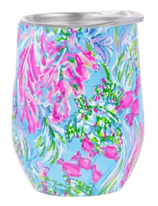 lilly pulitzer 12 oz insulated tumbler with lid, blue/pink stainless steel travel wine glass, double wall metal cup, best fishes