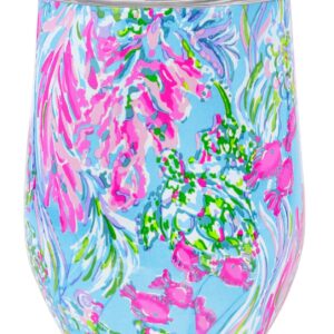 Lilly Pulitzer 12 Oz Insulated Tumbler with Lid, Blue/Pink Stainless Steel Travel Wine Glass, Double Wall Metal Cup, Best Fishes