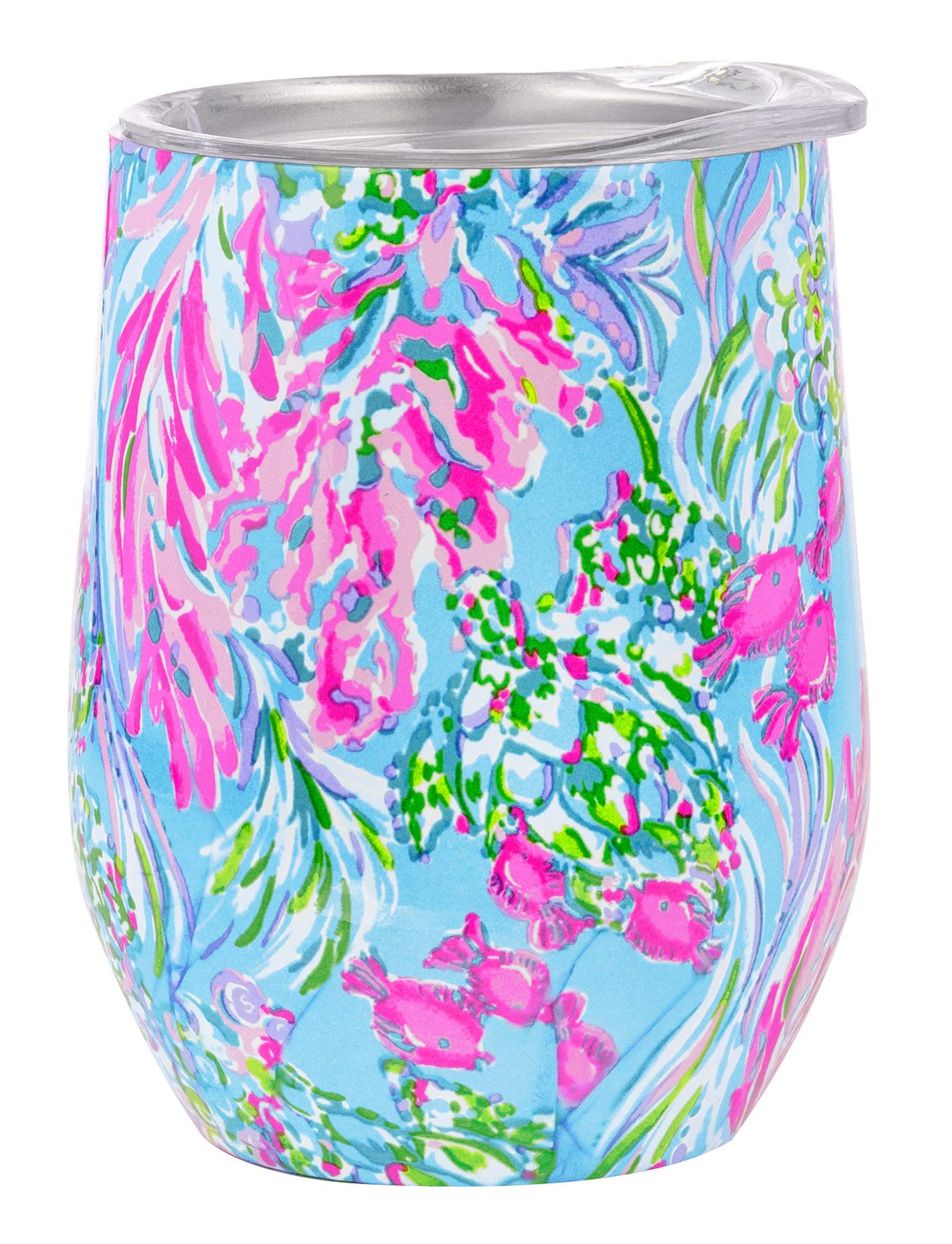 Lilly Pulitzer 12 Oz Insulated Tumbler with Lid, Blue/Pink Stainless Steel Travel Wine Glass, Double Wall Metal Cup, Best Fishes