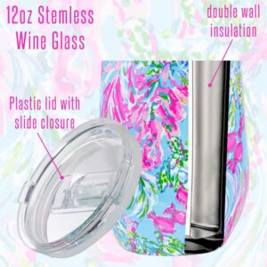 Lilly Pulitzer 12 Oz Insulated Tumbler with Lid, Blue/Pink Stainless Steel Travel Wine Glass, Double Wall Metal Cup, Best Fishes