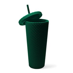 matte studded tumbler with lid & straw, reusable bpa free plastic water bottle, travel friendly water/iced coffee/cold brew/smoothie textured cold cup, 24oz (forest green)