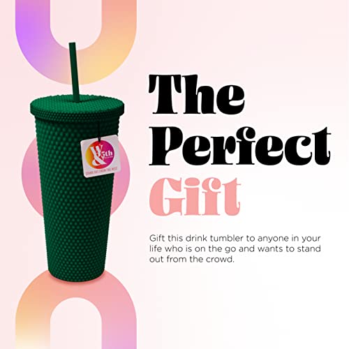 Matte Studded Tumbler with Lid & Straw, Reusable BPA Free Plastic Water Bottle, Travel Friendly Water/Iced Coffee/Cold Brew/Smoothie Textured Cold Cup, 24oz (Forest Green)