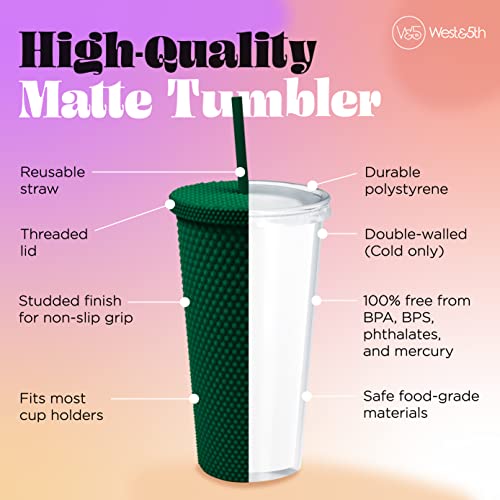 Matte Studded Tumbler with Lid & Straw, Reusable BPA Free Plastic Water Bottle, Travel Friendly Water/Iced Coffee/Cold Brew/Smoothie Textured Cold Cup, 24oz (Forest Green)