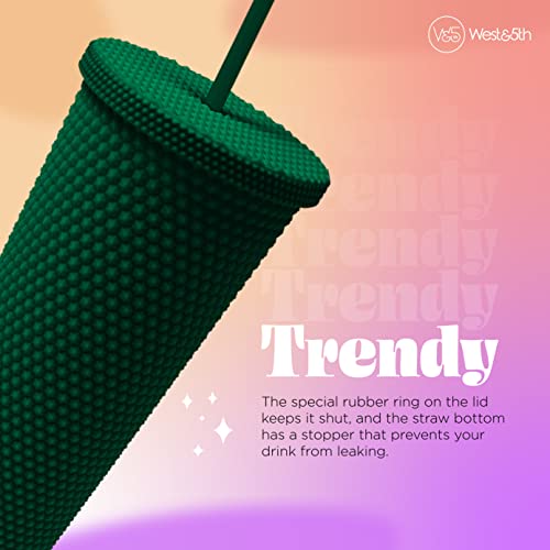 Matte Studded Tumbler with Lid & Straw, Reusable BPA Free Plastic Water Bottle, Travel Friendly Water/Iced Coffee/Cold Brew/Smoothie Textured Cold Cup, 24oz (Forest Green)