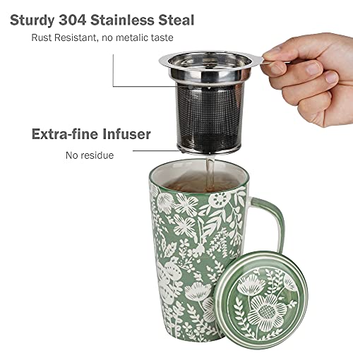 Taimei Teatime Ceramic Tea Cup with Infuser and Lid, 17 oz Tea Infusion Mug with Large Strainer for Loose Leaf Tea,Green