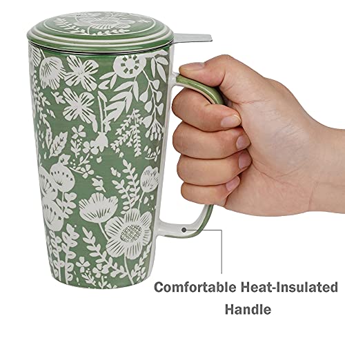 Taimei Teatime Ceramic Tea Cup with Infuser and Lid, 17 oz Tea Infusion Mug with Large Strainer for Loose Leaf Tea,Green