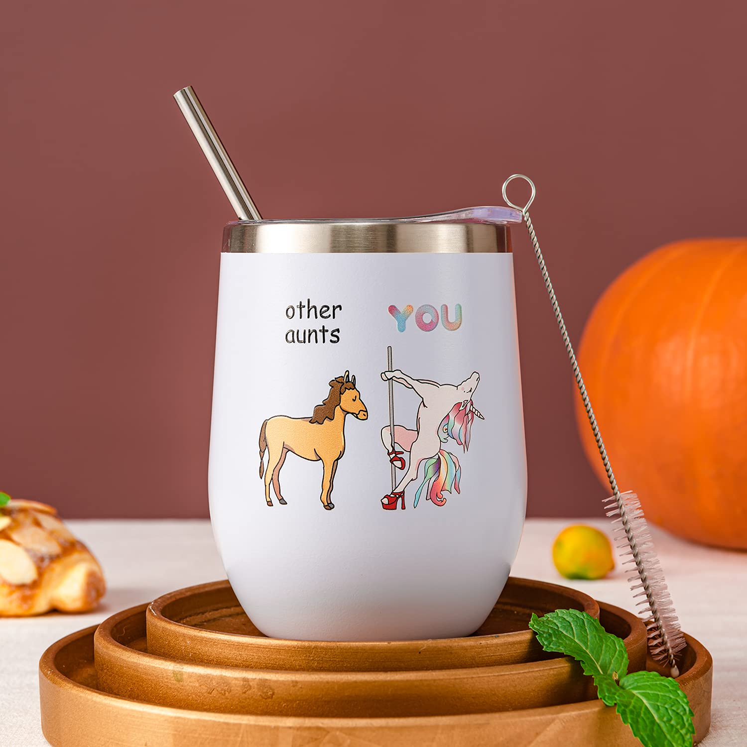 Crisky Funny Unicorn Wine Tumbler Birthday Gifts for Aunt from Niece/Nephew-Unique Gifts for Aunt Birthday Christmas Thanksgiving 12oz Vacuum Insulated Tumbler with Box, Lid, Straw