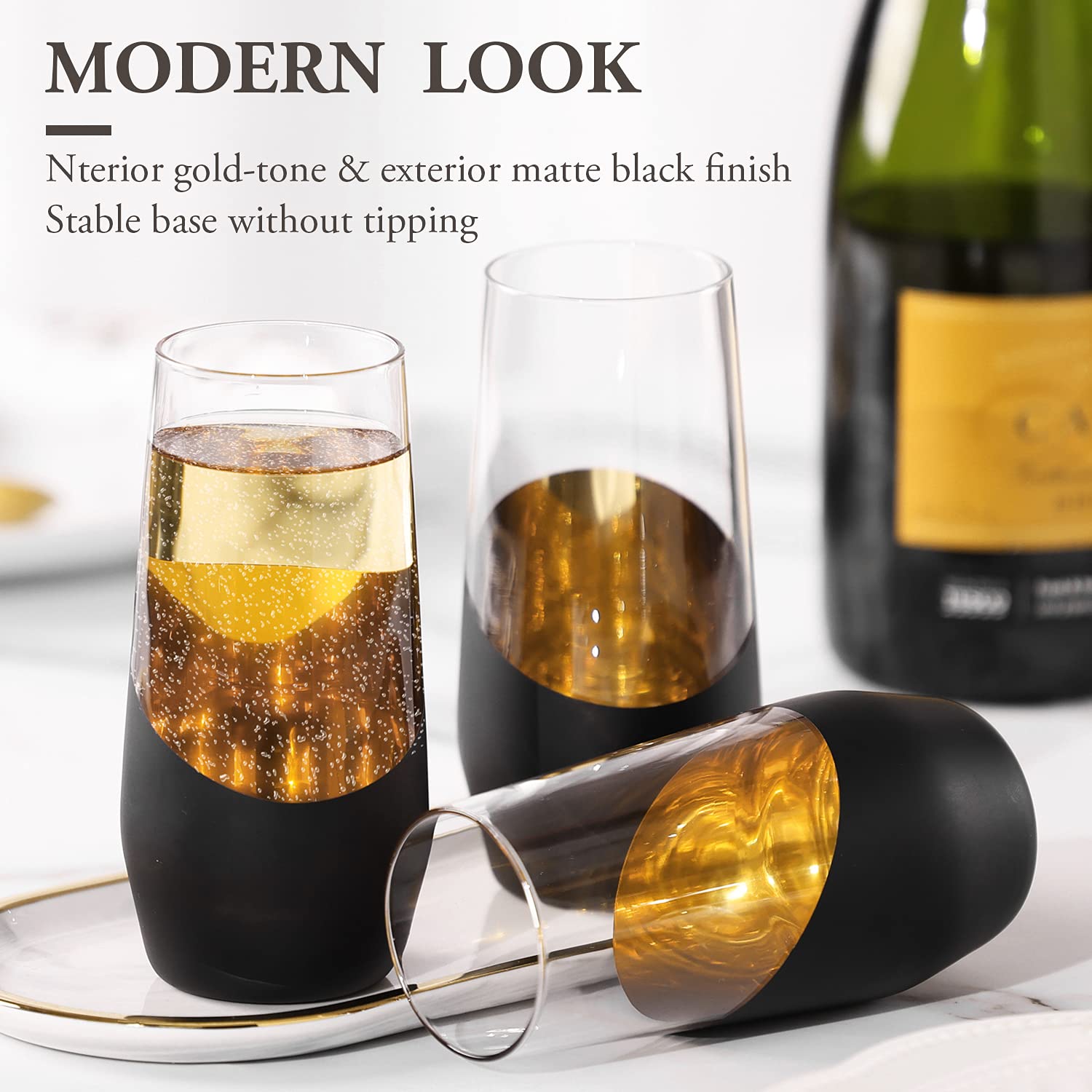 MyGift 11 oz Modern Black and Gold Plated Decorative Stemless Champagne Flute Wedding Party Drinking Glasses, Set of 4