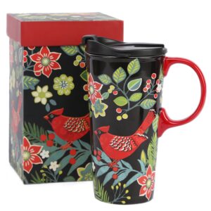 cedar home coffee ceramic mug porcelain latte tea cup with lid in gift box 17ounce. cardinal bird